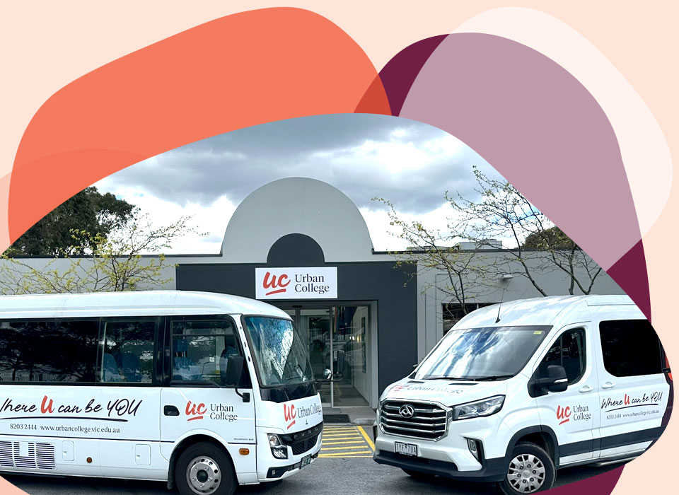 Urban College campus building and buses